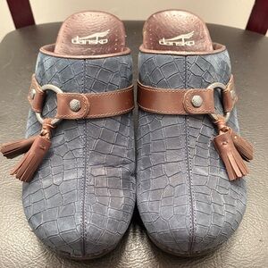 Dansko Sandi Blue Suede Platform Clogs with Brown Tassels